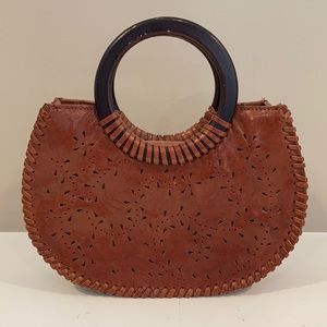 Kenneth Cole brown leather purse wooden handle